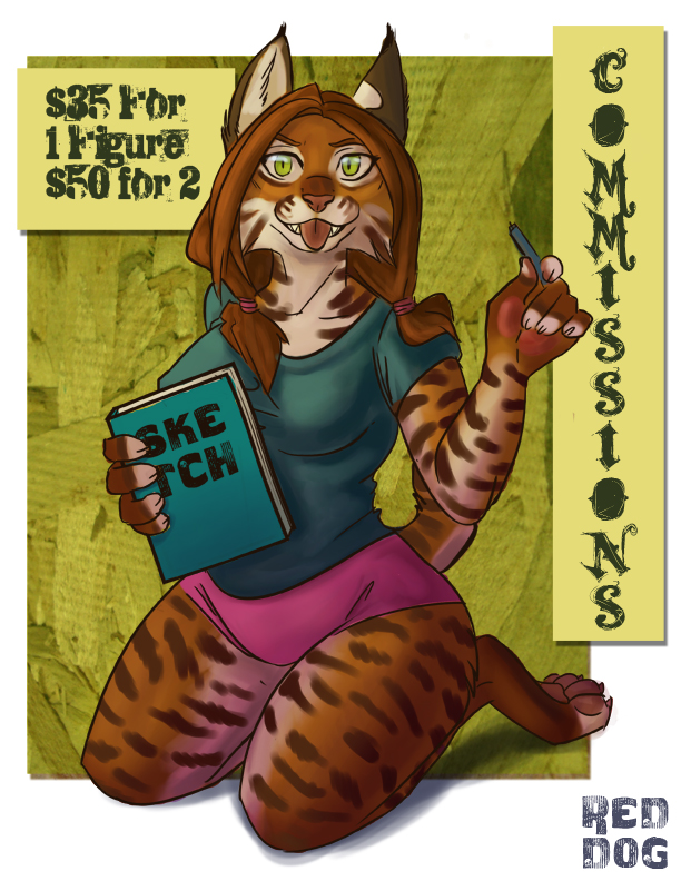 bobcat book commission female looking_at_viewer lynx panties pen red_dog shirt solo teeth tongue underwear