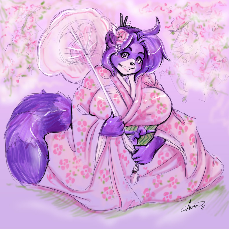 aura_moser auradeva chubby fat female flower fur geisha japanese_clothing kimono mammal overweight parasol purple purple_fur raccoon shina shina_(daigo) solo umbrella