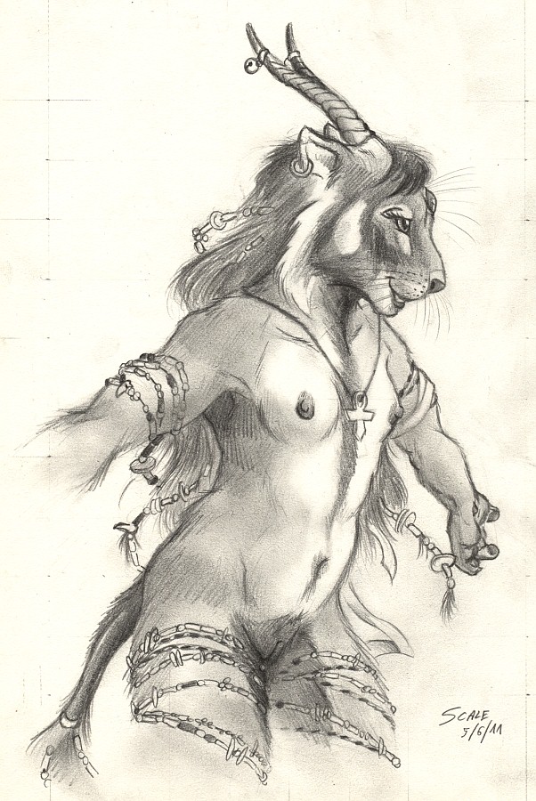 ankh anthro body_hair breasts chest_tuft ear_piercing earring feline female flat_chest fur greyscale happy_trail horn horns jewelry lion mammal monochrome necklace nipples nude piercing plain_background pubes pussy scale scale_(artist) sketch small_breasts solo tuft white_background