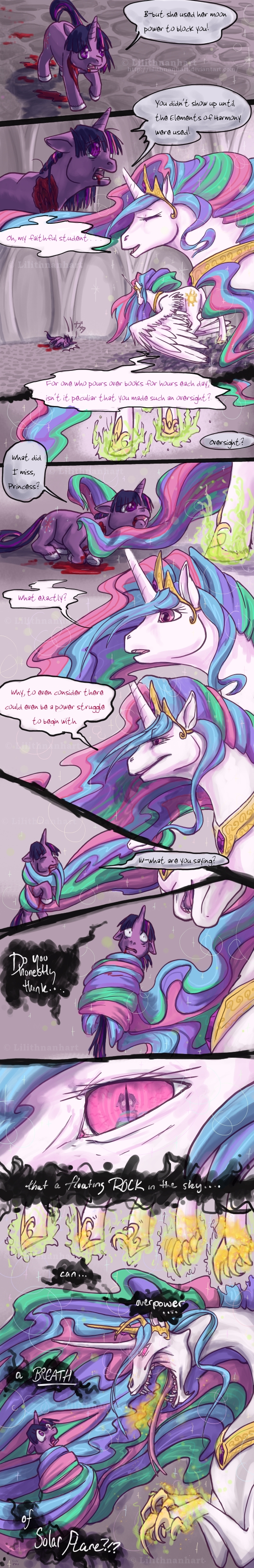 alicorn blood comic cutie_mark dragon duo english_text equine female feral fire friendship_is_magic horn horse imminent_death lilithnanhart mammal my_little_pony pony princess princess_celestia_(mlp) royalty scared text twilight_sparkle_(mlp) unicorn winged_unicorn wings wounded