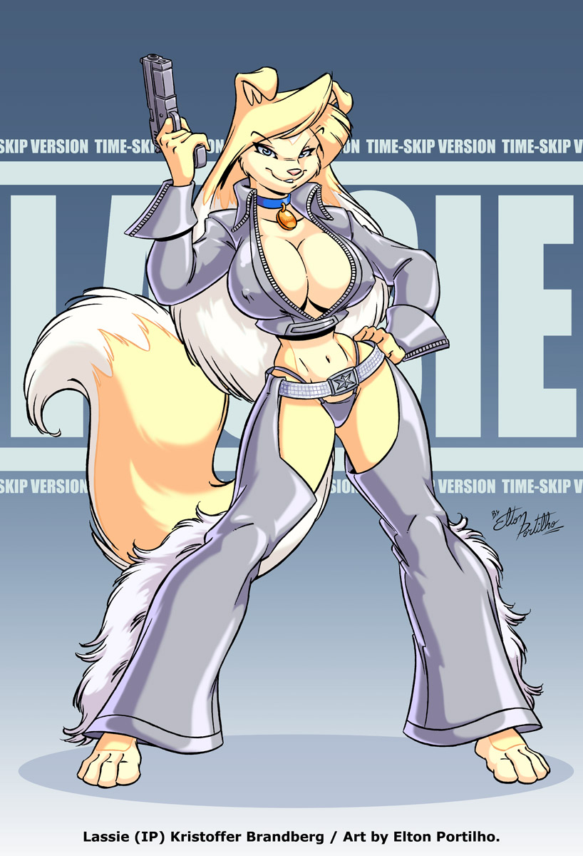 anthro blonde_hair blue_eyes border_collie breasts canine chaps cleavage clothed clothing collar dog eltonpot female gun hair hi_res lassie leggings legwear looking_at_viewer mammal ranged_weapon rough_collie skimpy solo tail thong weapon