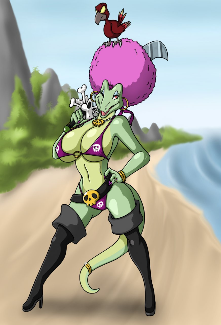 afro alligator anthro avian big_breasts bikini bird boots breasts clothed clothing donkey_kong_(series) ear_piercing earring female feral hair jewelry kalypso kremling looking_at_viewer lordstevie necklace nintendo one_eye_closed piercing pink_hair pirate reptile scalie skimpy solo swimsuit sword tail tight_clothing unconvincing_armor unconvincing_armour video_games weapon wink