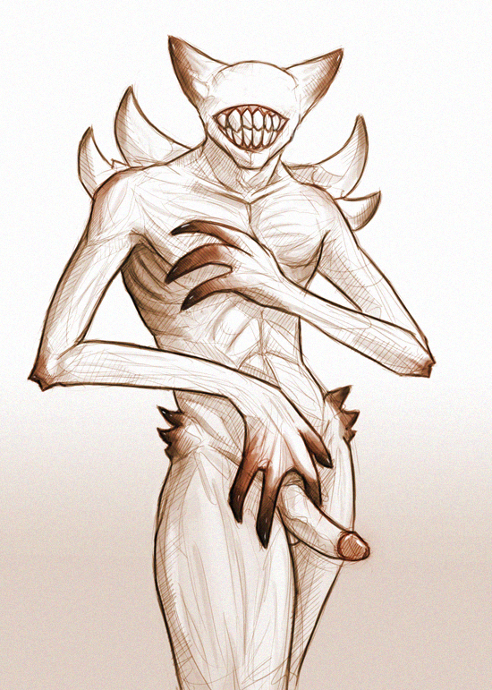 eyeless fundles grin male monster no_eyes not_furry penis pinup plain_background pose solo white_background white_skin