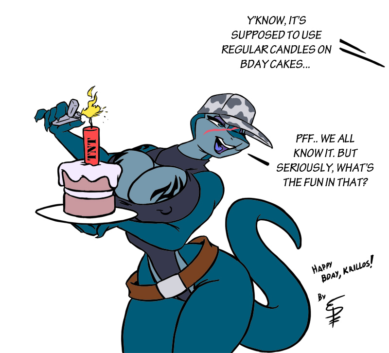 anthro birthday_cake blue_eyes bomb bomba breasts clothed clothing dialog dialogue eltonpot female hat humor humour lighter lizard monitor_lizard plain_background reptile scalie scar skimpy solo tail tattoo text tnt white_background wide_hips