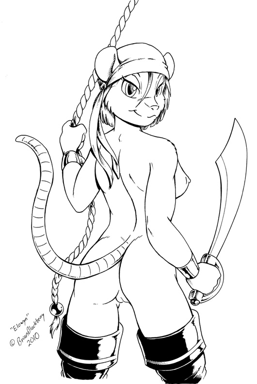 anthro back back_turned bandanna black_and_white bracelet breasts brian_mcpherson female hair hat jewelry looking_at_viewer looking_back mammal monochrome nipples nude pirate plain_background pussy rat rodent rope scimitar side_boob solo standing sword weapon white_background