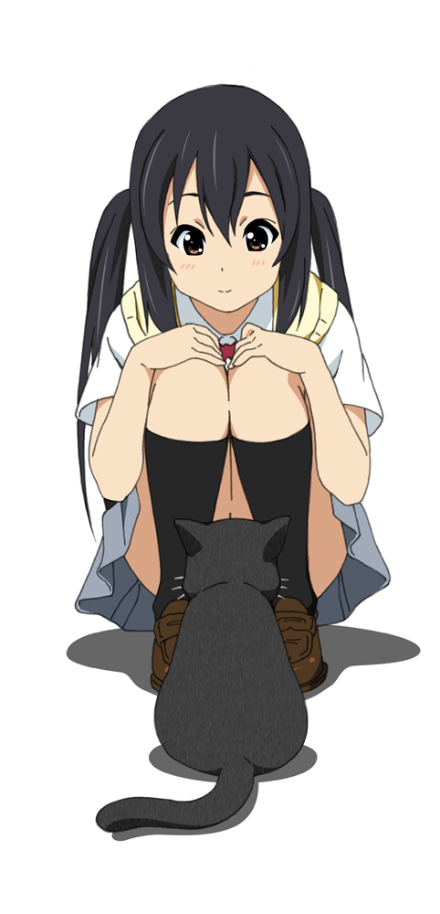 black_hair brown_eyes cat fukuoka_katsumi hands_on_own_knees k-on! long_hair nakano_azusa official_style school_uniform smile solo squatting twintails