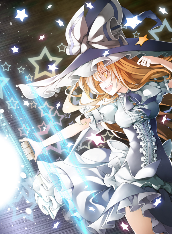 alternate_costume arm_up blonde_hair hat kirisame_marisa long_hair master_spark mini-hakkero open_mouth outstretched_hand senzi smile solo star touhou witch_hat yellow_eyes