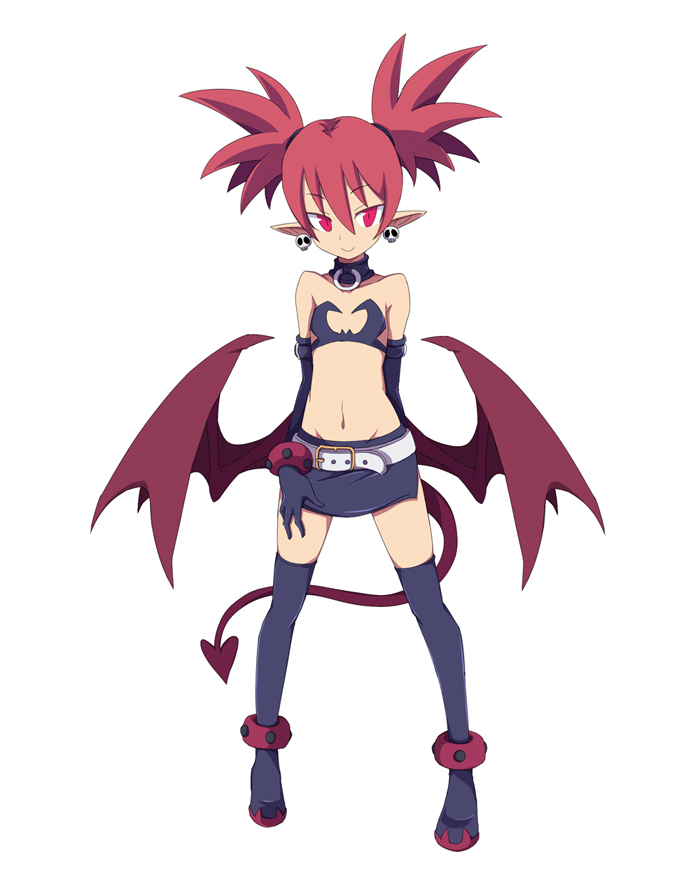 bare_shoulders bat_wings demon_girl demon_tail disgaea earrings etna flat_chest gloves jewelry midriff miniskirt n_(ruff) navel pointy_ears red_eyes red_hair skirt skull smile solo tail thighhighs twintails wings