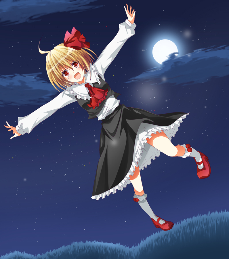 ahoge ascot bad_id bad_pixiv_id blonde_hair blush full_moon hair_ribbon moon open_mouth outstretched_arms red_eyes ribbon rumia short_hair smile solo sousui_yasana touhou