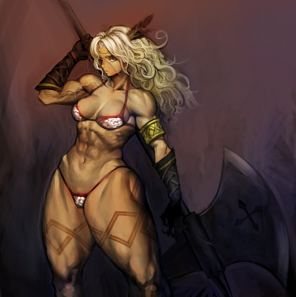 abs amazon_(dragon's_crown) bikini black_gloves blonde_hair breasts cleavage dragon's_crown gloves green_eyes halberd large_breasts long_hair muscle muscular_female navel nbo panties polearm solo swimsuit thick_thighs thighs thong underwear weapon