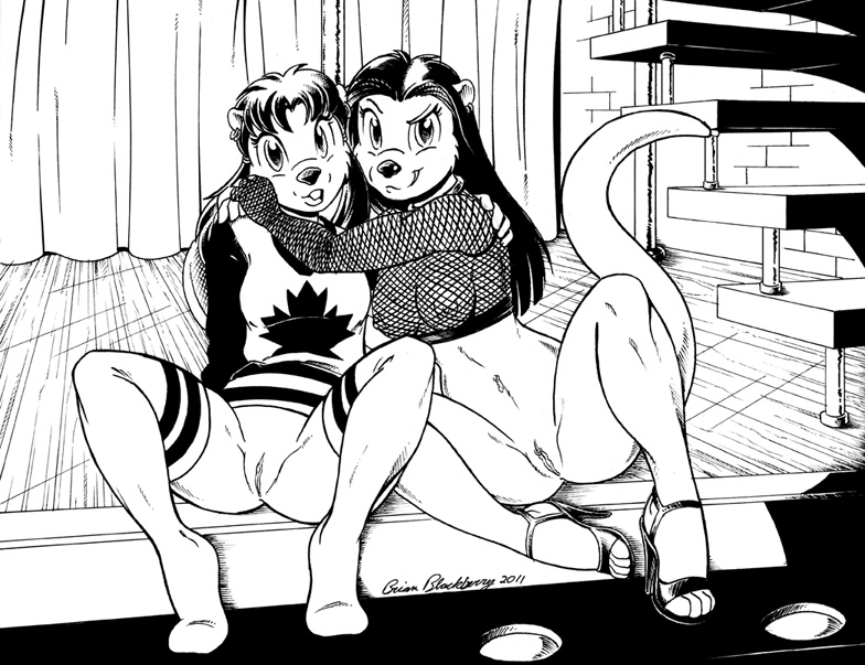 anthro beaver bottomless breasts brian_mcpherson canada clitoris clitoris_piercing clothed clothing duo female fishnet genital_piercing half-dressed legwear mammal maple_leaf mustelid otter piercing pussy rodent spread_legs spreading stage stockings