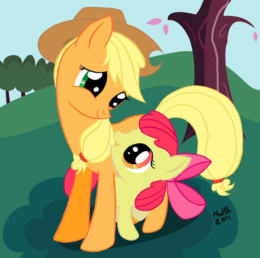 applebloom_(mlp) applejack_(mlp) cub equine female feral friendship_is_magic grass horse mammal my_little_pony nullh pony sibling siblings sisters tree wood young