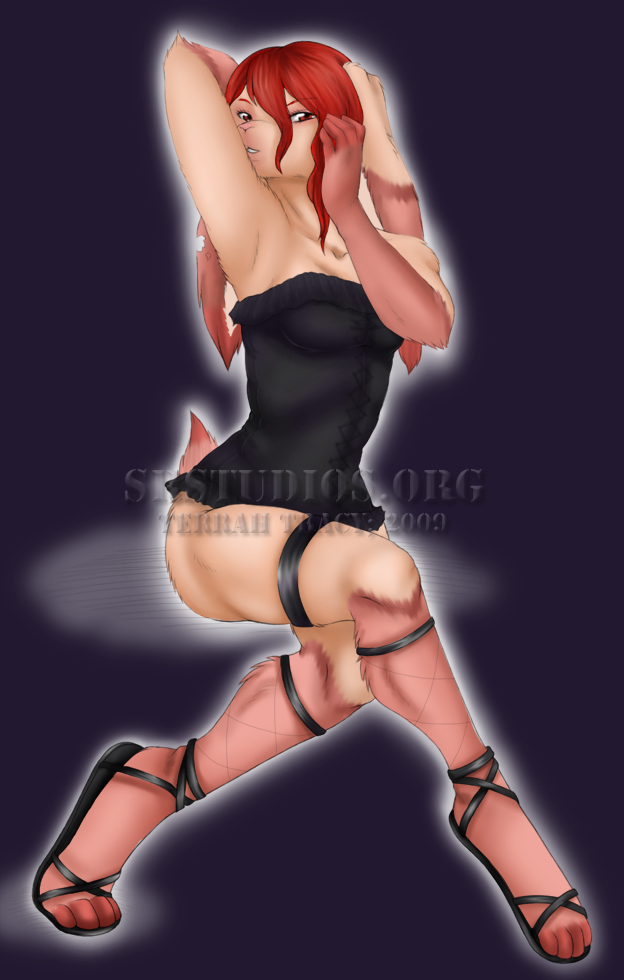 ajna bodysuit bustier clothed clothing female garter hair lagomorph lingerie looking_at_viewer mammal rabbit red_eyes red_hair skimpy skinsuit solo watermark