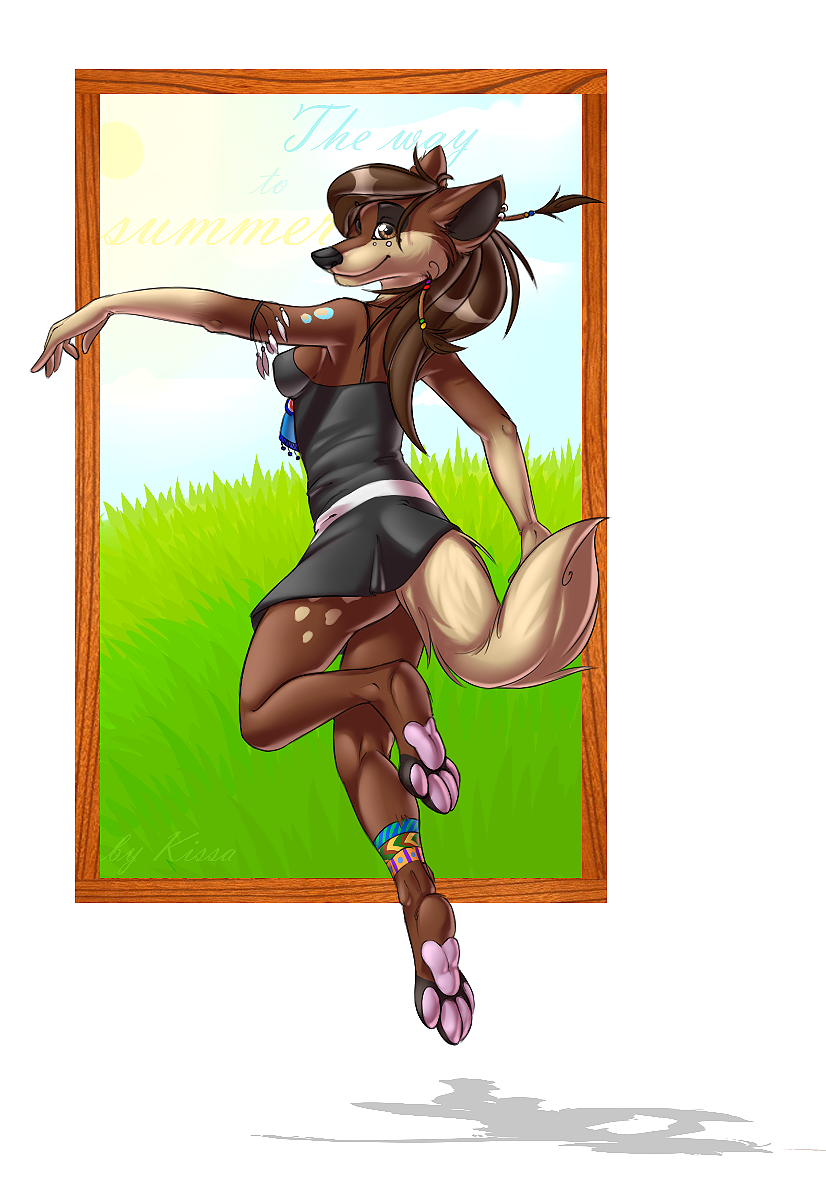 brown_hair canine dancing english_text female hair hindpaw kissaartist mammal paws piercing smile solo text wolf