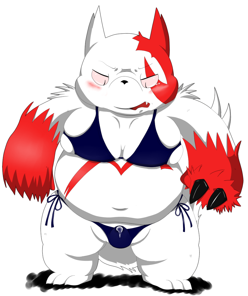 blush bulge chubby clothed clothing crossdressing cum fat male moobs nintendo overweight pok&#233;mon pok&eacute;mon skimpy solo stain suiseisk swimsuit video_games zangoose