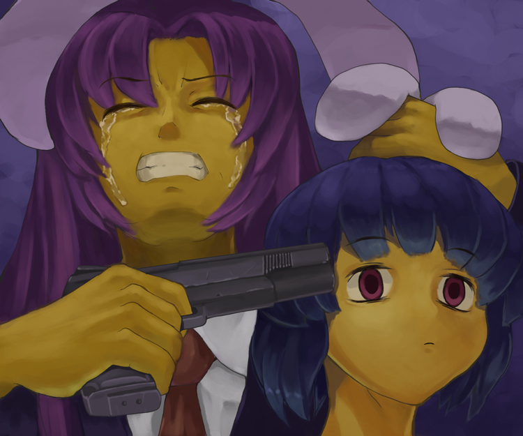 animal_ears at_gunpoint bad_id bad_pixiv_id bunny_ears clenched_teeth closed_eyes crying gun gun_to_head holding holding_gun holding_weapon inaba_tewi multiple_girls reisen_udongein_inaba tears teeth tooku_nomura_(artist) touhou weapon yellow_skin