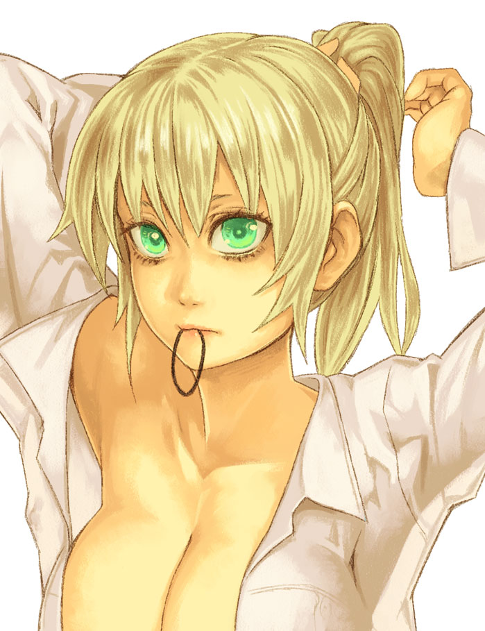 adjusting_hair aqua_eyes bags_under_eyes blonde_hair breasts cleavage hairdressing large_breasts lips lipstick makeup mouth_hold mustard_seeds original ponytail shirt solo upper_body yuuji_(and)