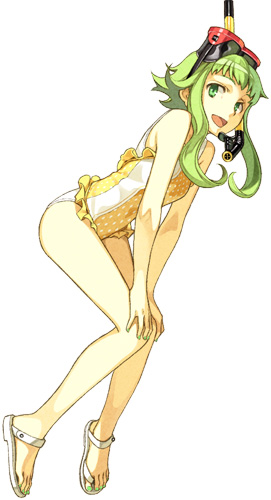 alternate_costume diving_mask frills full_body goggles goggles_on_head green_eyes green_hair gumi hidari_(left_side) lowres one-piece_swimsuit open_mouth short_hair simple_background snorkel solo summer swimsuit vocaloid