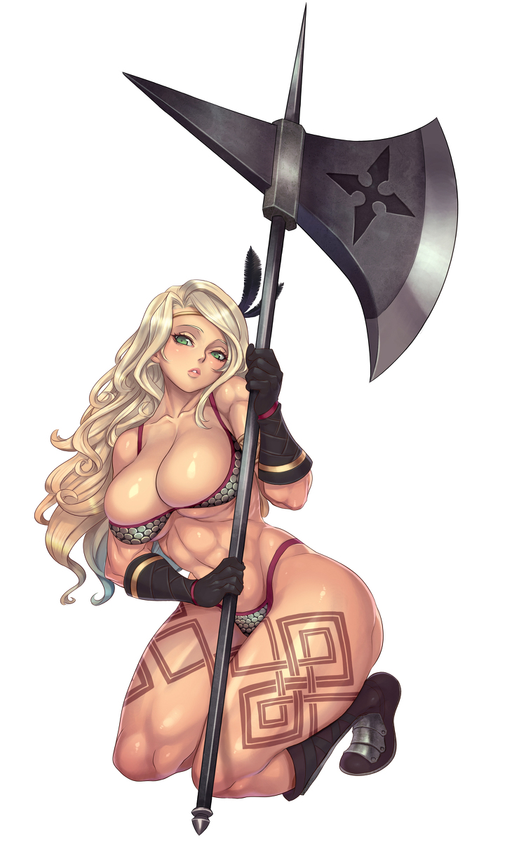 amazon_(dragon's_crown) armband axe bikini bikini_armor blonde_hair boots breasts dragon's_crown feather feathers gloves green_eyes headband large_breasts long_hair muscle muscular_female sethxzoe swimsuit tattoo thick_thighs thong vanillaware wide_hips