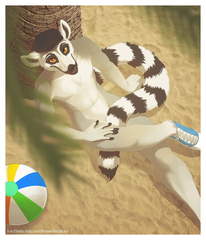 ball beach_ball convenient_censorship covering_up lemur male nude outside red_eyes sand shoes solo thewhitefalcon tree wood