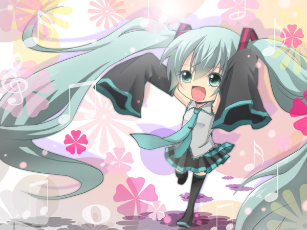aqua_eyes aqua_hair chibi detached_sleeves hatsune_miku long_hair musical_note necktie open_mouth oversized_clothes skirt sleeves_past_wrists smile solo thighhighs tsujiori twintails very_long_hair vocaloid