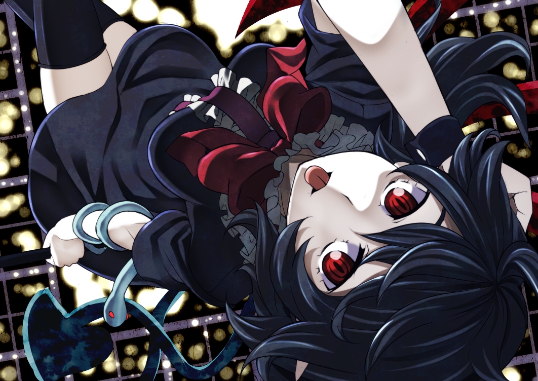 arm_up bad_id bad_pixiv_id bangs black_dress black_hair black_legwear bow bowtie crossed_legs dress dutch_angle frills from_above hand_in_hair holding houjuu_nue looking_at_viewer ogino_(oginogino) pale_skin red_bow red_eyes short_sleeves slit_pupils snake solo tail thighhighs tongue tongue_out touhou upside-down wings wristband zettai_ryouiki