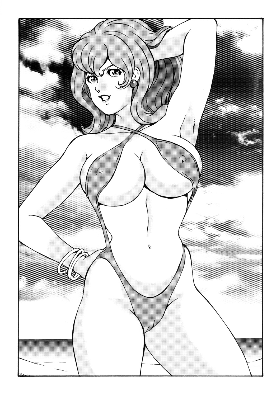 armpits arms_up beach bracelet breasts cameltoe cloud clouds earrings female highres jewelry large_breasts long_hair looking_at_viewer lupin_iii mine_fujiko monochrome navel outdoors rippadou sky smile solo standing swimsuit thighhighs tms_entertainment water