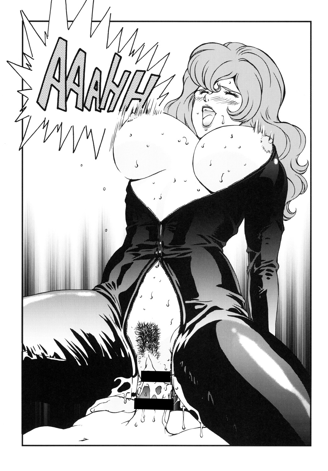 1girl blush bouncing_breasts breasts censored cum cum_in_pussy cum_inside eyes_closed girl_on_top happy happy_sex highres large_breasts long_hair lupin_iii mine_fujiko monochrome navel nipples no_bra no_panties open_mouth penis pubic_hair pussy rippadou sex sitting sitting_on_person sweat thighhighs tms_entertainment vaginal