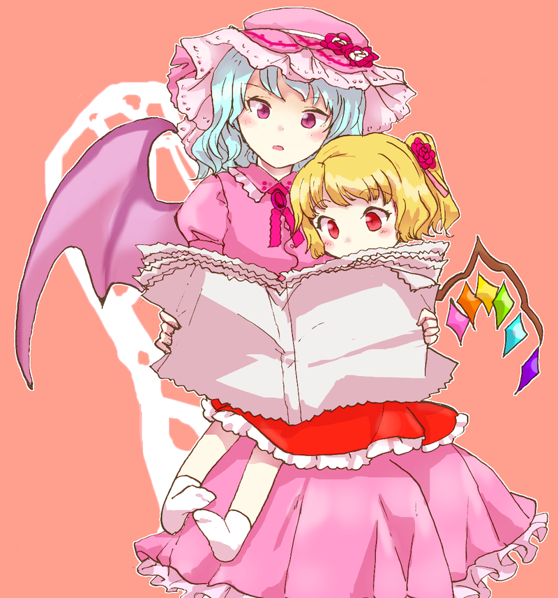 bat_wings blonde_hair blue_hair blush chamaruku child dress face flandre_scarlet flower hair_flower hair_ornament hat multiple_girls newspaper no_hat no_headwear open_mouth reading red_eyes remilia_scarlet short_hair siblings side_ponytail sisters sitting sitting_on_lap sitting_on_person touhou wings younger