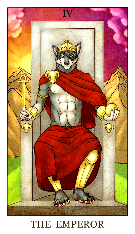 ankh canine card cloak crown dog feralise major_arcana male mammal orb scepter sitting solo tarot_card the_emperor_(tarot) throne