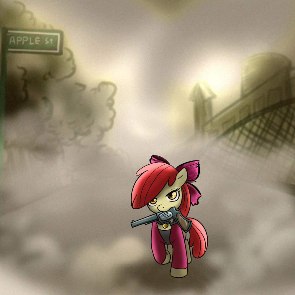 apple_bloom_(mlp) applebloom_(mlp) cub equine female feral fog friendship_is_magic gun hair horse mammal my_little_pony pony ranged_weapon red_hair solo unknown_artist weapon young