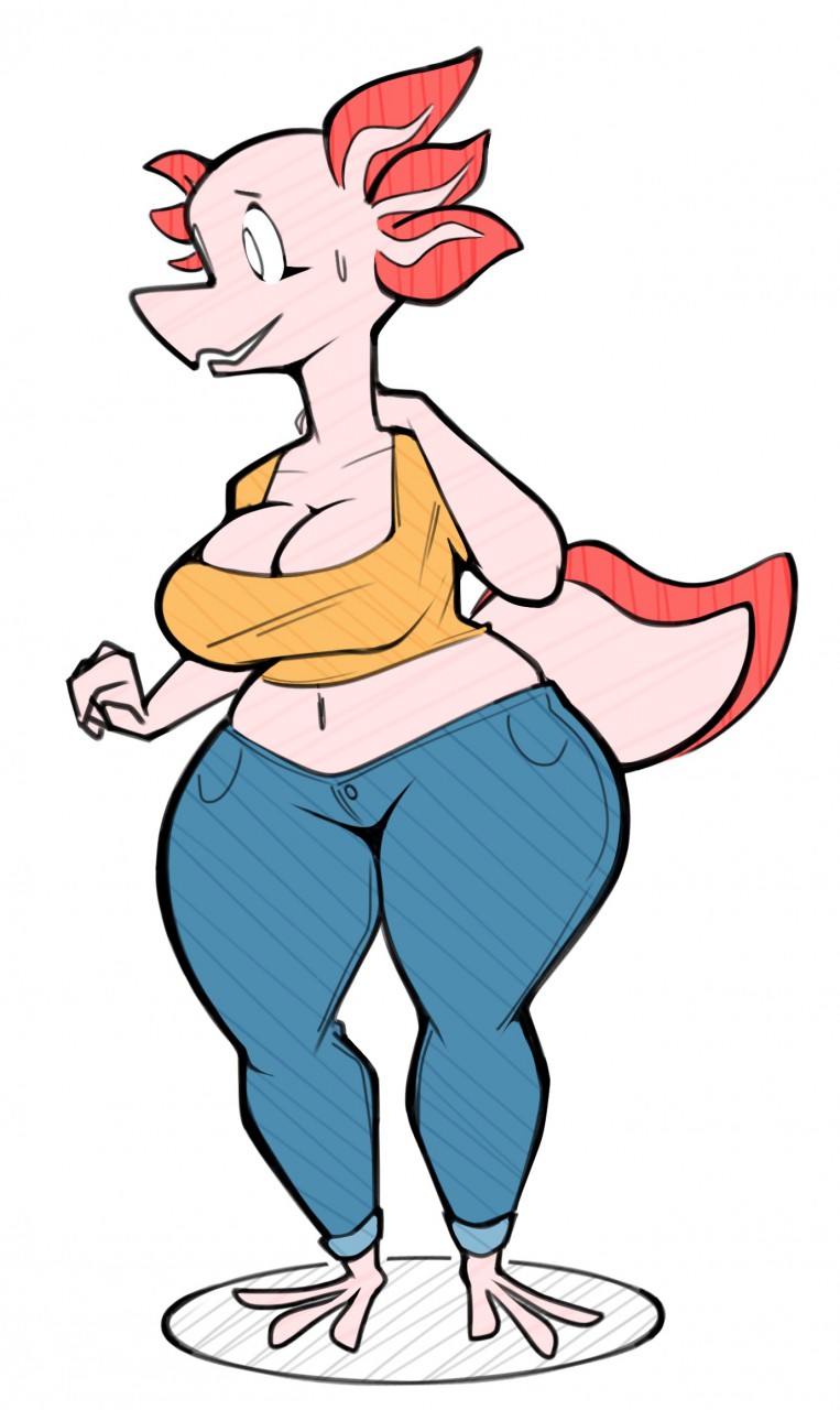 2018 3_toes aimbot-jones amphibian anthro axolotl big_breasts breasts cleavage clothed clothing external_gills eyelashes female front_view gills jeans midriff navel pants salamander shirt smile solo standing sweat sweatdrop thick_thighs toes wide_hips zinnia_(ion80)