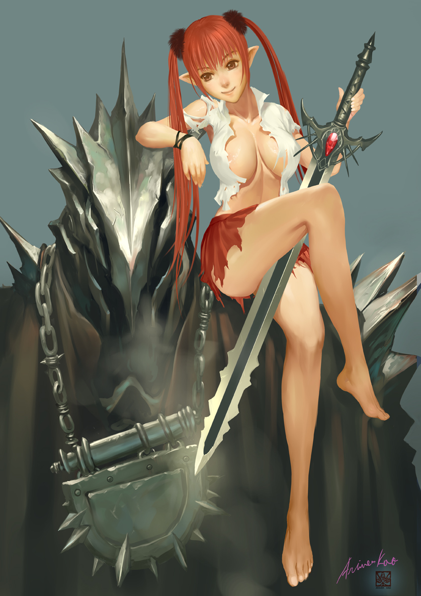 ariverkao armor barefoot breasts cleavage crossed_legs elf feet highres large_breasts legs lock miniskirt open_clothes open_shirt original padlock pointy_ears red_hair shirt sitting skirt smile solo sword thighs torn_clothes twintails weapon