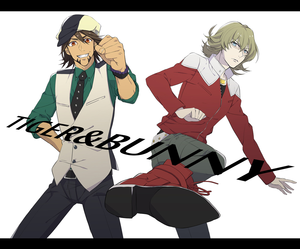 bad_id bad_pixiv_id barnaby_brooks_jr belt blonde_hair blue_eyes boots bracelet brown_hair cabbie_hat clenched_hand facial_hair feet glasses hat jacket jewelry kaburagi_t_kotetsu kicking lydi_(dd) male_focus multiple_boys necklace necktie pov_feet red_jacket stubble studded_belt tiger_&amp;_bunny vest watch wristwatch
