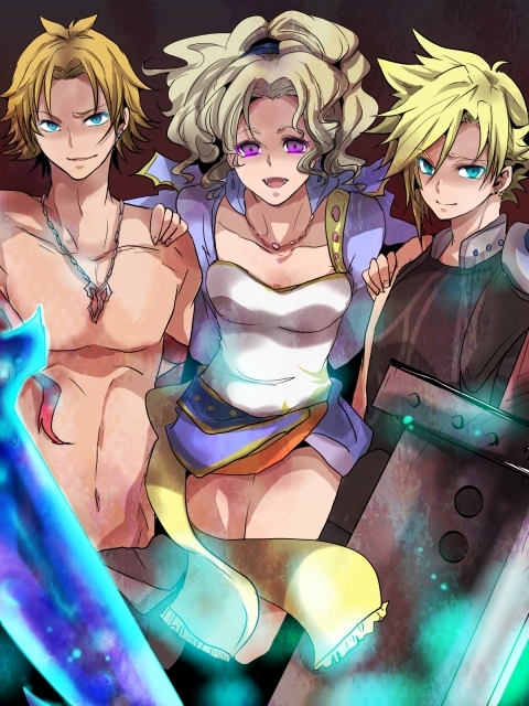 1girl 2boys armor blonde_hair blue_eyes buster_sword cloud_strife dissidia_012_final_fantasy dissidia_final_fantasy female final_fantasy final_fantasy_vi final_fantasy_vii final_fantasy_x jacket jewelry long_hair male multiple_boys necklace open_mouth ponytail purple_eyes shirtless short_hair spiked_hair spiky_hair sword tidus tina_branford topless weapon xxarnica