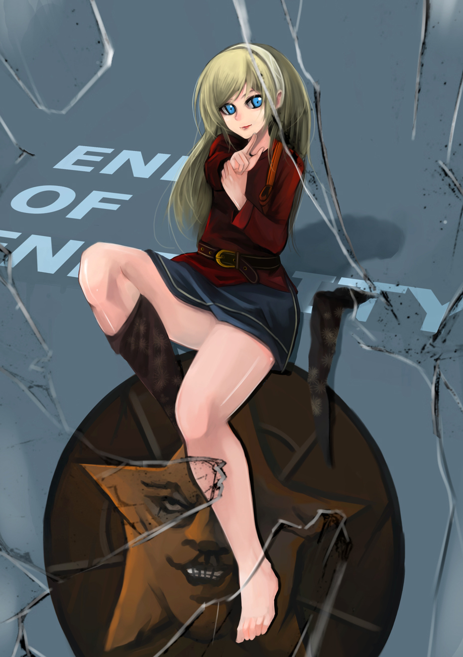 blonde_hair blue_eyes boots end_of_eternity feet foot highres legs reanbell sitting skirt smile solo