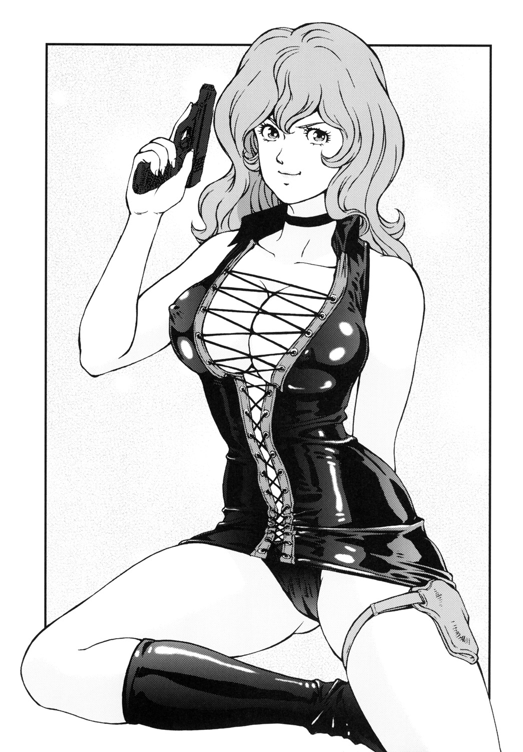black_panties breasts cleavage female gun highres large_breasts long_hair looking_at_viewer lupin_iii mine_fujiko monochrome no_bra panties rippadou smile solo thighhighs tms_entertainment underwear weapon white_background