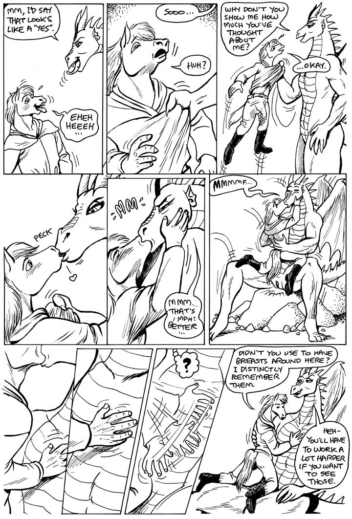 black_and_white comic dragon equine erection euro_salamander female gustav gustav_(here_there_be_dragons) here_there_be_dragons horn horns horse karno kissing male mammal monochrome pants_bulge penis plain_background pussy scalie size_difference straight tail tongue white_background zashy