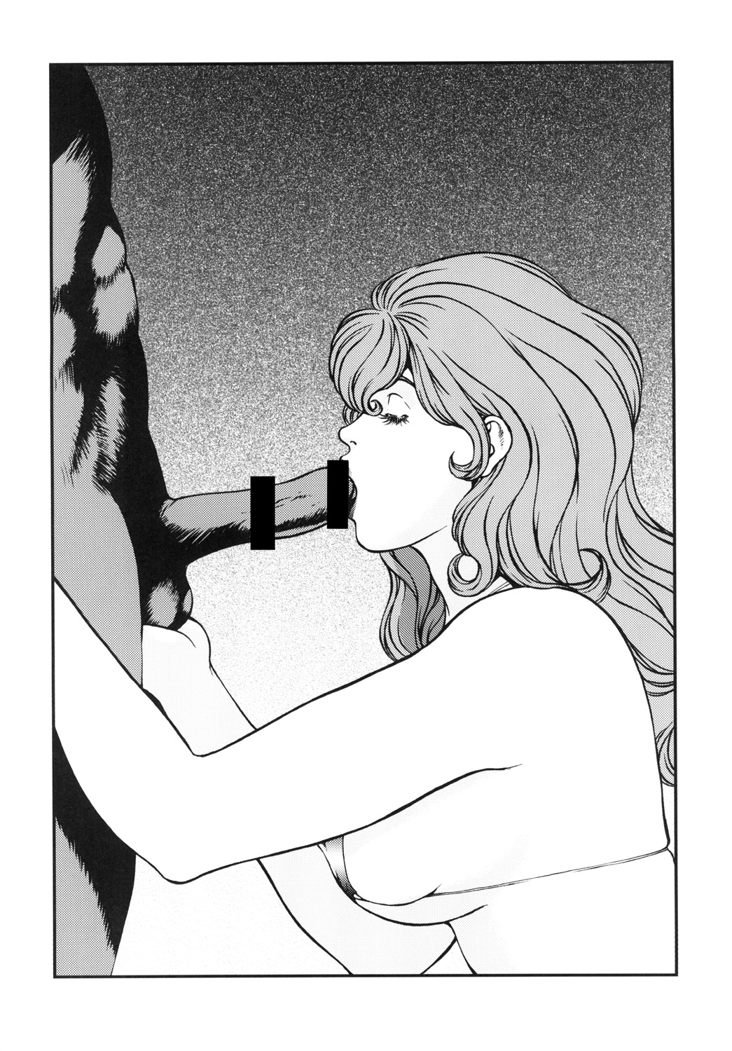 1girl bikini breasts caressing_testicles censored eyes_closed fellatio highres kneeling large_breasts long_hair lupin_iii mine_fujiko monochrome oral penis rippadou standing swimsuit testicles tms_entertainment