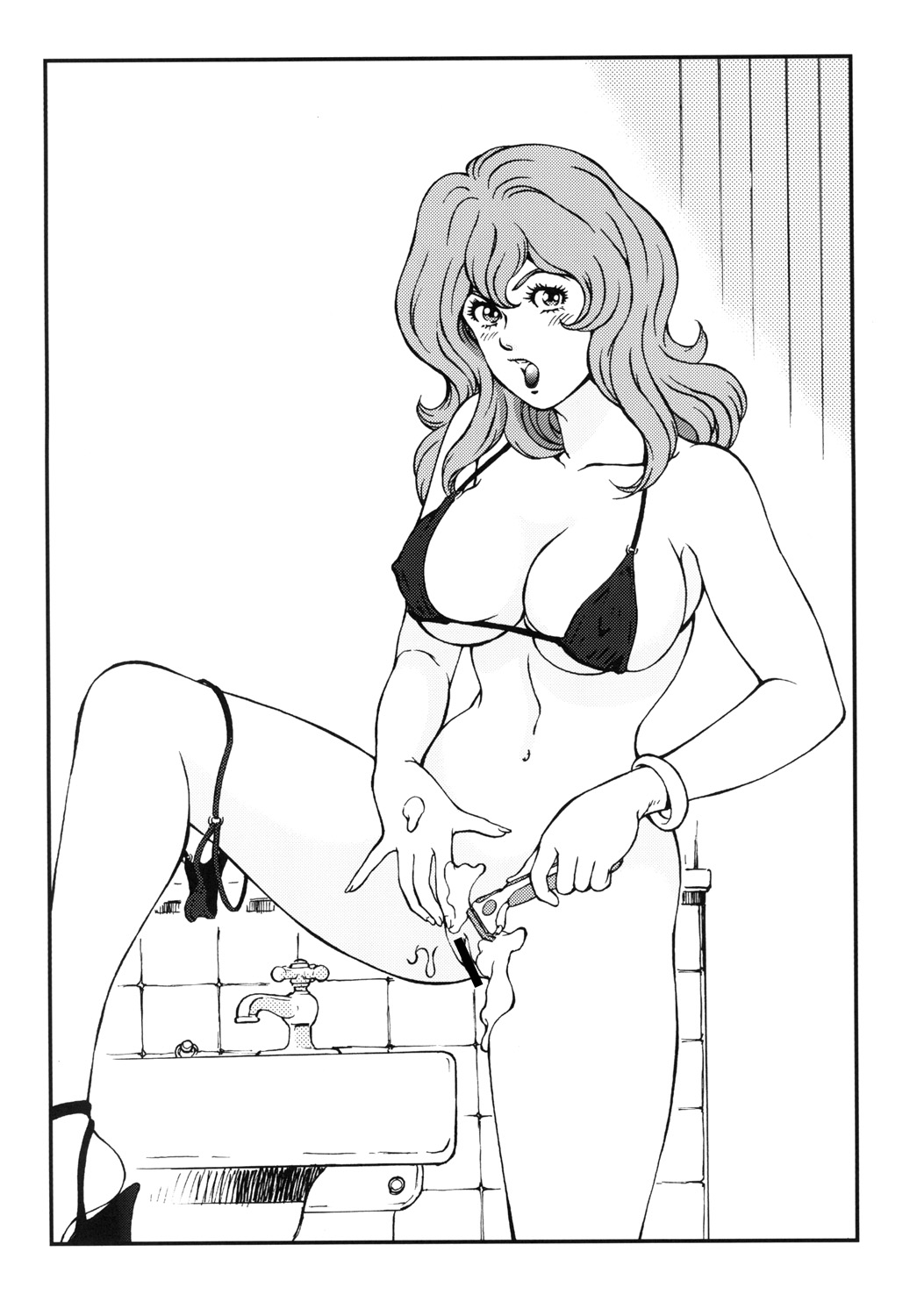 1girl bathroom bikini blush bracelet breasts censored female highres indoors jewelry large_breasts long_hair looking_at_viewer lupin_iii mine_fujiko monochrome navel open_mouth pussy rippadou shaving solo standing swimsuit thighhighs tms_entertainment