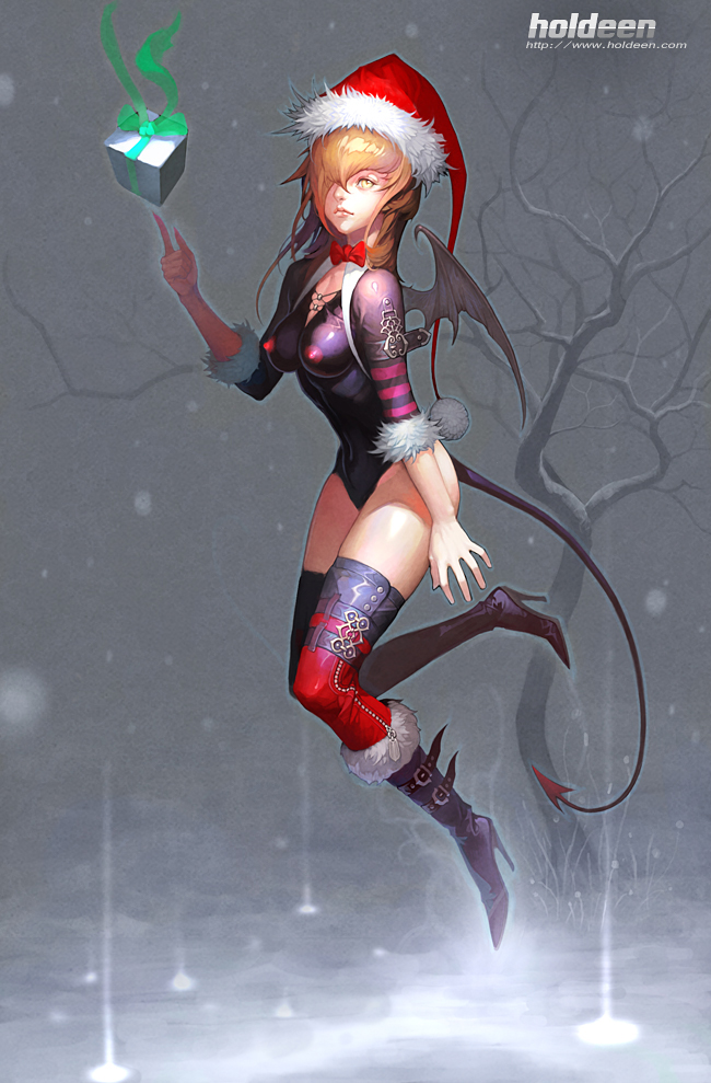 bat_wings boots box breasts brown_hair copyright_request covered_nipples dean_holdeen demon_girl flying hair_over_one_eye hat high_heels leotard lips medium_breasts santa_hat shoes solo succubus tail thighhighs wings