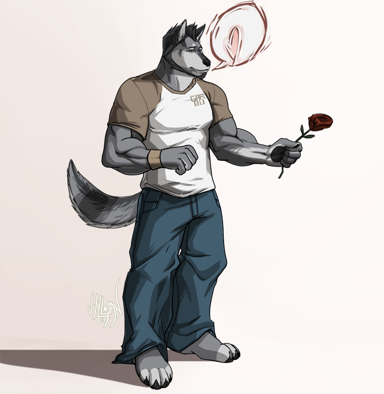 &hearts; canine enydimon flower male muscles rose solo tail timberwolf valentines_day white_background wolf