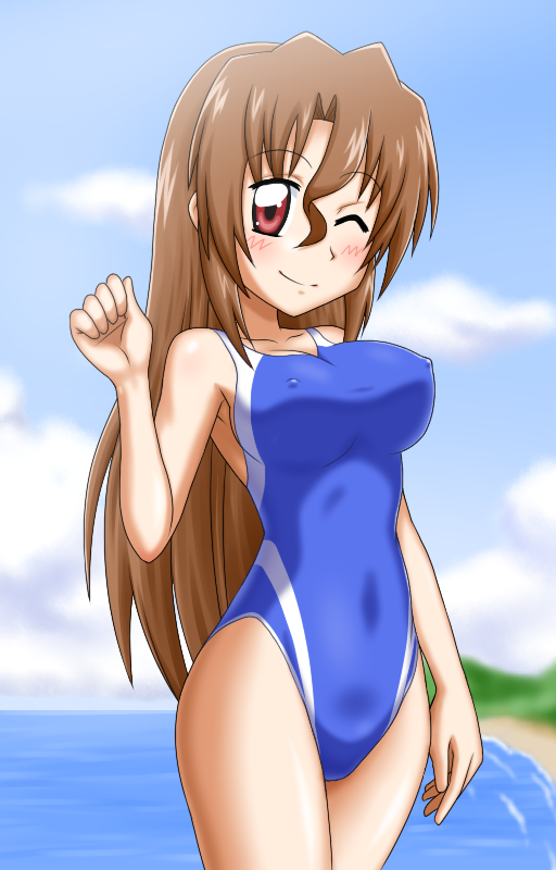 breasts brown_hair competition_swimsuit covered_nipples goriate hayate_no_gotoku! large_breasts long_hair maria_(hayate_no_gotoku!) one-piece_swimsuit one_eye_closed red_eyes solo swimsuit