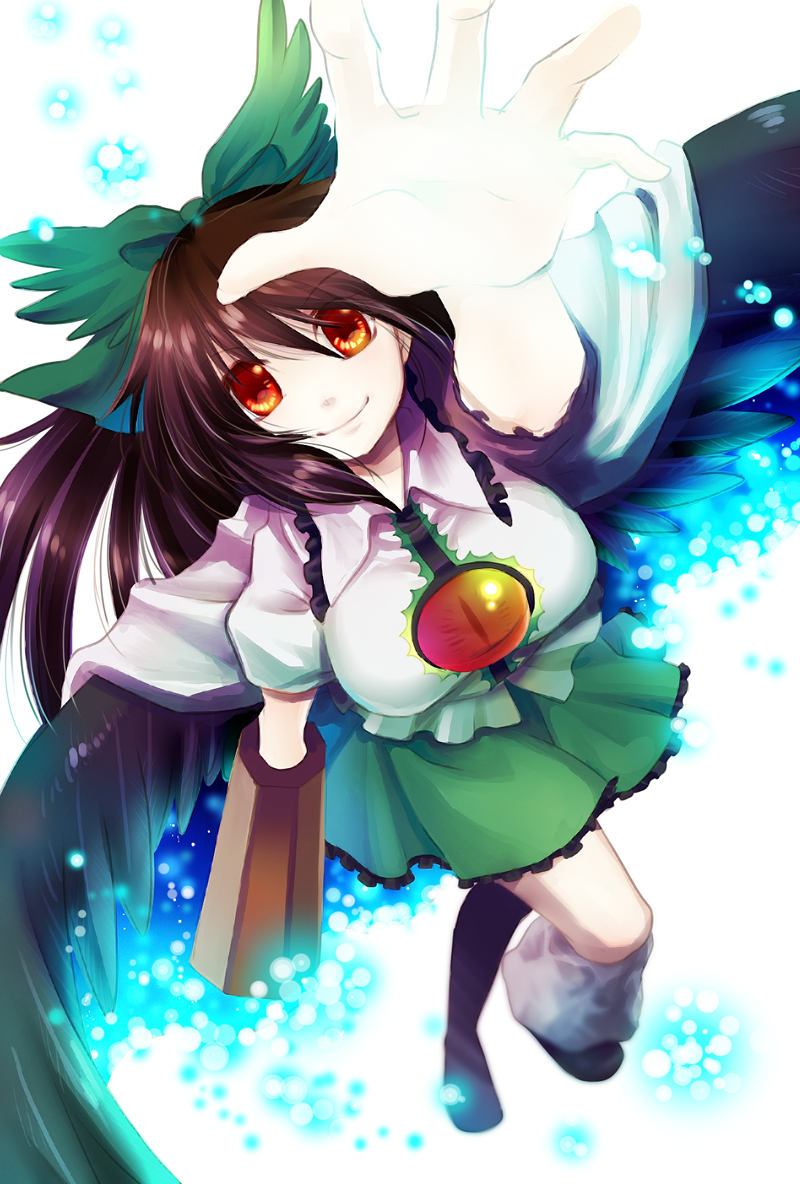 arm_cannon black_hair bow brown_hair cape green_bow hair_bow long_hair outstretched_arm red_eyes reiuji_utsuho smile socha solo third_eye touhou very_long_hair weapon wings