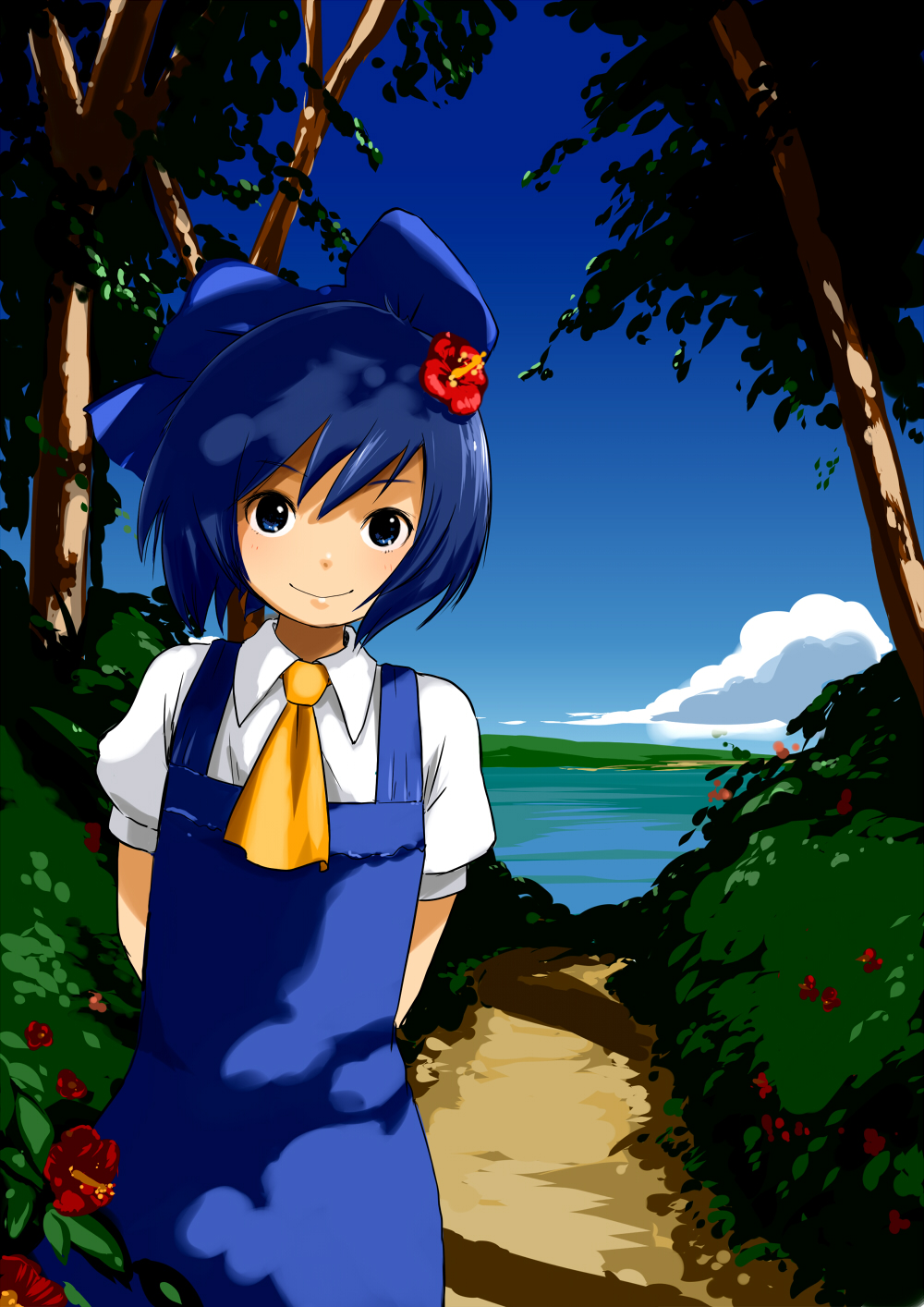 arms_behind_back ascot blue_eyes blue_hair bow cirno cloud day dress flower hair_bow hair_flower hair_ornament hibiscus highres hosimo no_wings short_hair smile solo touhou tree water