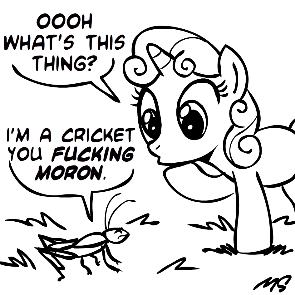 black_and_white cricket cub curious dialog duo english_text equine female feral friendship_is_magic grass grumpy hand_on_chin horn insect insult line_art mammal mean megasweet monochrome my_little_pony plain_background reaction_image rude speech_bubbles sweetie_belle_(mlp) tagging_guidelines_illustrated text thinking unicorn white_background young