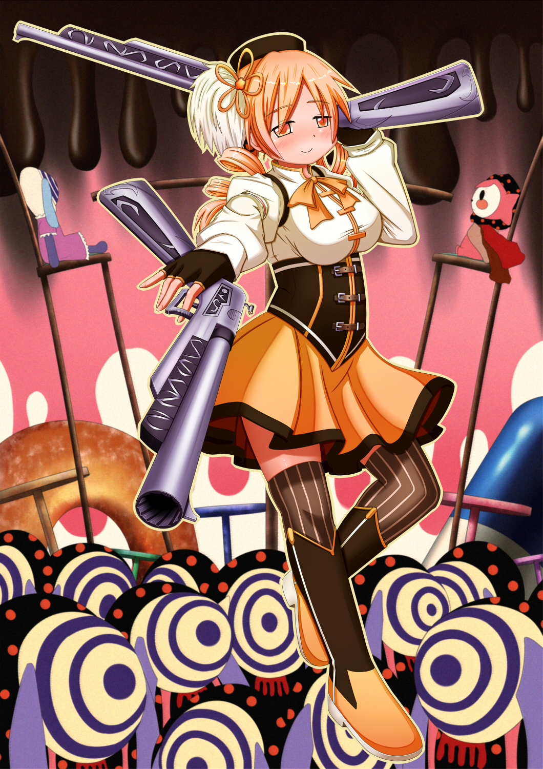 aiming_at_viewer beret blonde_hair blurry blush boots breasts brown_legwear chair charlotte_(madoka_magica) corset depth_of_field detached_sleeves doughnut drill_hair dual_wielding fingerless_gloves food gloves gun hair_ornament hairpin hat highres holding large_breasts magical_girl magical_musket mahou_shoujo_madoka_magica pleated_skirt puffy_sleeves pyotr_(madoka_magica) ribbon rifle sen-asanagi shirt skindentation skirt smile standing standing_on_one_leg striped striped_legwear table taut_clothes taut_shirt thighhighs tomoe_mami twin_drills twintails vertical-striped_legwear vertical_stripes weapon witch's_labyrinth yellow_eyes zettai_ryouiki