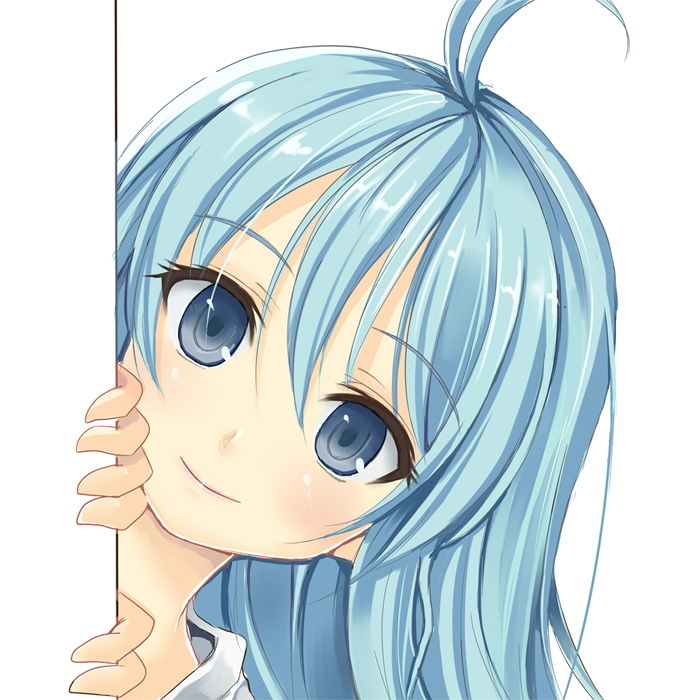 ahoge blue_eyes blue_hair blush denpa_onna_to_seishun_otoko face hachimoku head_tilt long_hair peeking_out simple_background smile solo touwa_erio