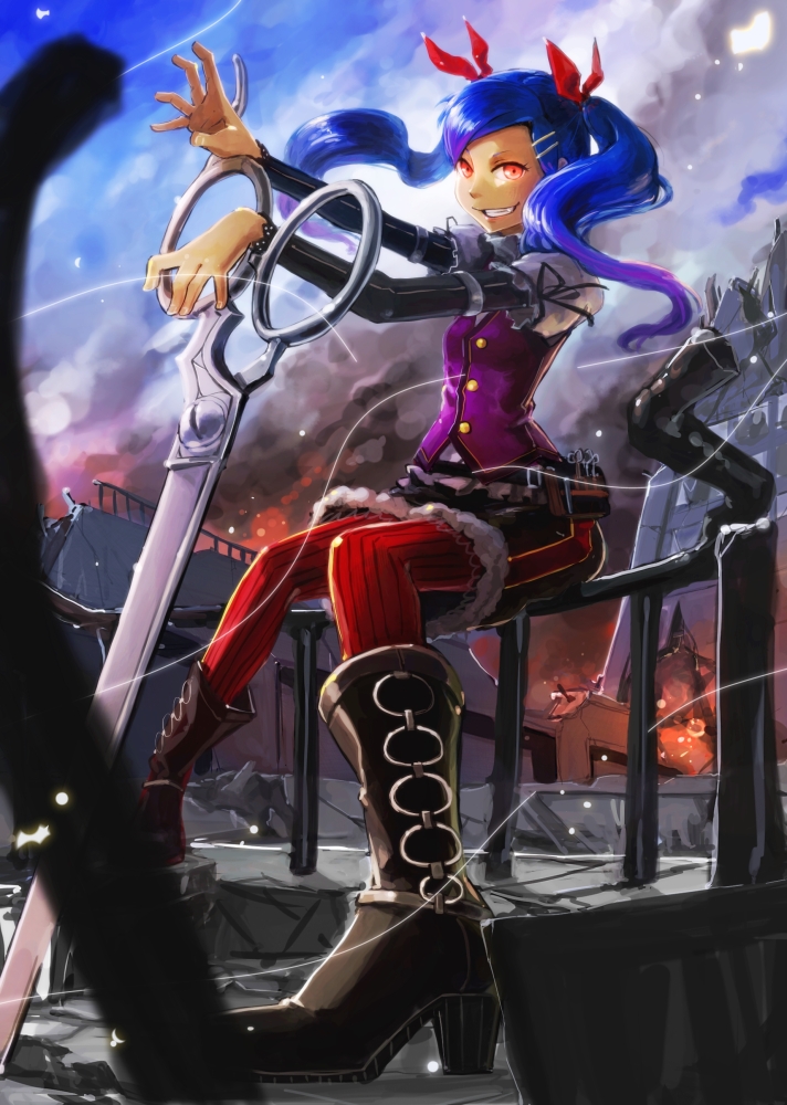 blue_hair boots grin hair_ornament hairclip holysnow looking_at_viewer original pantyhose red_eyes scissors sitting sky smile smoke solo striped striped_legwear twintails