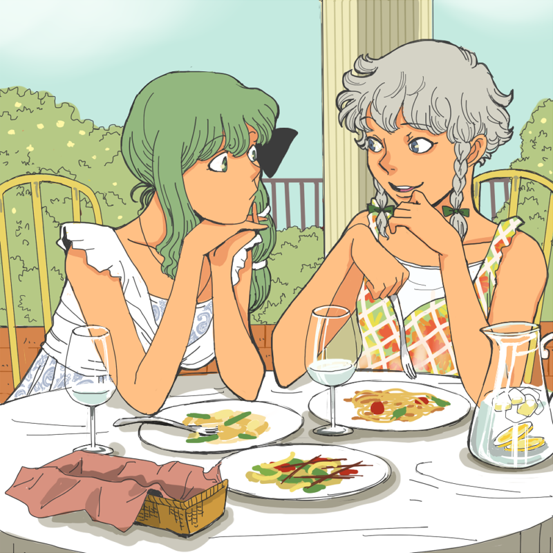 alternate_costume alternate_hairstyle basket blouse blue_eyes braid bush casual chair chin_rest cup dress drinking_glass eating elbow_rest eye_contact face food glass green_eyes green_hair grey_hair hands izayoi_sakuya kochiya_sanae looking_at_another meal multiple_girls onikobe_rin open_mouth outdoors pitcher plate ribbon short_hair sitting sleeveless sleeveless_dress smile table tablecloth touhou twin_braids white_blouse wine_glass